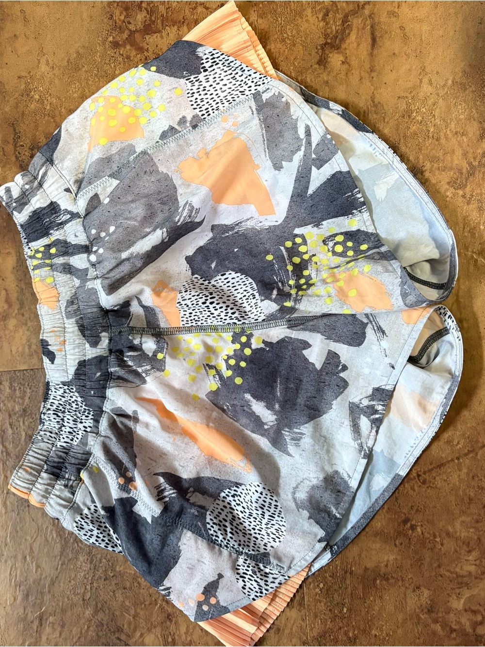 Lululemon Gray Abstract Print Shorts with Peach Lining and Yellow Accents